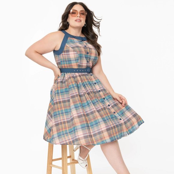 Unique Vintage Plus Size Multicolored Plaid Maxine Swing Dress - 2X/18 - Picture 1 of 7